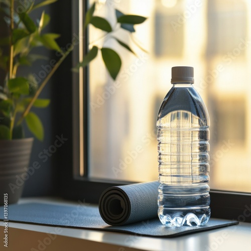 Water bottle on exercise mat beside window with natural light photo