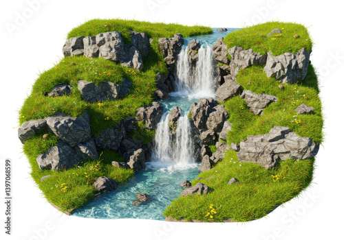 Isolated Miniature Landscape of Waterfall Cascading Over Rocks and Lush Grass