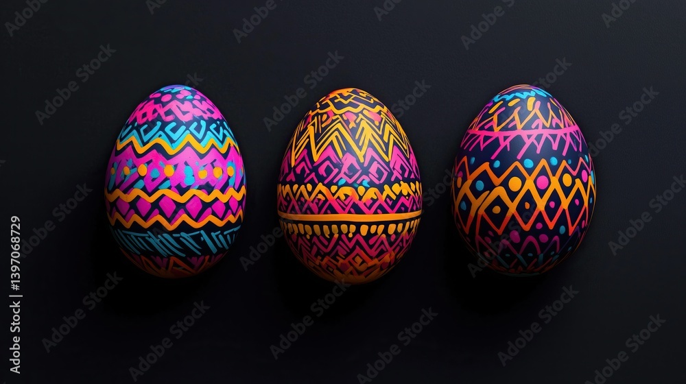 Vibrant Neon Easter Eggs With Colorful Patterns on black background Vibrant Neon Easter Eggs With Colorful Patterns on black background