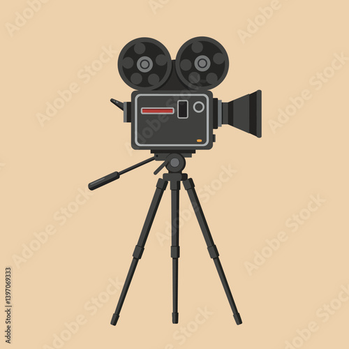 Vintage Film Camera on Tripod in Flat Minimal Design Capturing Classic Cinematic Essence Vector Illustration
