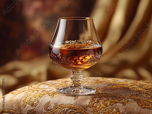A snifter of amber brandy on a luxurious velvet cushion
