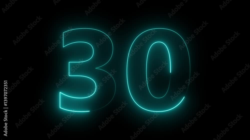 Animation of number 30 with neon colors isolated on black background. Abstract neon countdown 30 number 4k animation. Glowing neon 30 motion graphics animation. Animation of number 30 with neon colors isolated on black background. Abstract neon countdown 30 number 4k animation. Glowing neon 30 motion graphics animation.