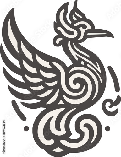 Stylized Bird Illustration With Intricate Swirls And Minimalist Design In Monochrome Style Vector
