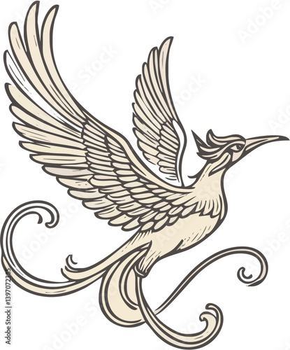 Elegant Bird Soars With Graceful Lines And Ornate Feather Detail Stylized And Detailed In Soft