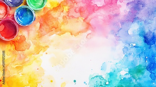 A vibrant rainbow watercolor border with school essentials decor, a 3D illustration, creative sips of colors, and copy space for paint and sip deals. illustration