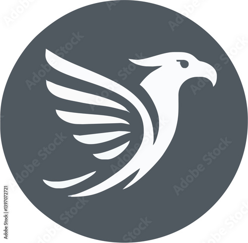Stylized White Mythical Bird Soaring In A Circle A Minimalist Design On Gray Background Emblem