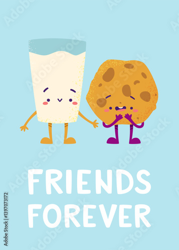 Cute milk and cookie poster with text. Cartoon textured print with food characters for kids.