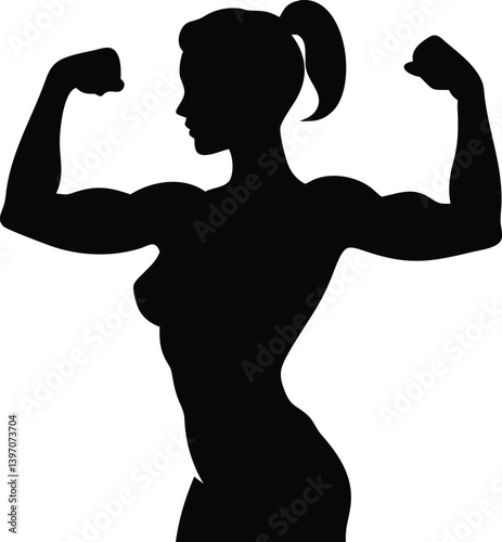Silhouette Female Bodybuilder – Strong Pose and Flexing Biceps Graphic Design