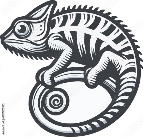 Monochrome Vector Illustration Of A Chameleon Perched Elegantly On A Swirling Branch Design