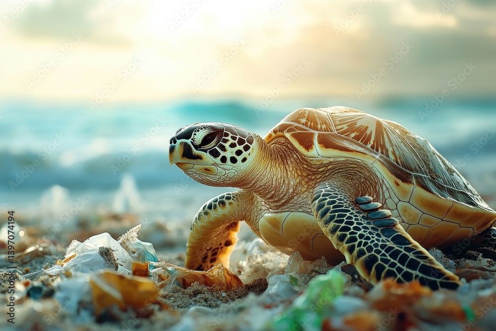 Obraz premium Sea turtle walking on sand littered with plastic debris by the ocean. Illustrates pollution's impact, promotes conservation and environmental awareness.