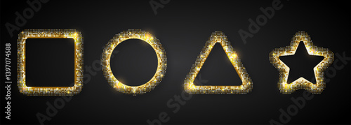 Glittering gold frames with sparkling effects. Shiny decorative borders for festive designs, party invitations, or holiday greetings. Elegant and luxurious style. Vector illustration.
