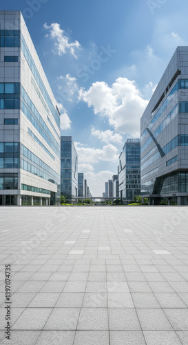  Modern Cityscape: Sleek Buildings, Open Plaza & Blue Skies. Architecture, Design & Urban Scenery Photography