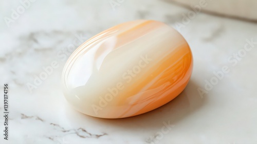 Polished Oval Stone with Orange and Cream Bands on Mottled Marble Surface with a Smooth Texture and Neutral Background
