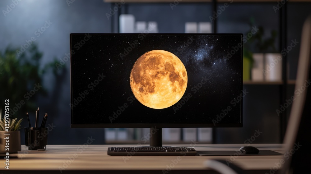 Fototapeta premium Moon Display on Modern Monitor with Starry Background at Office Desk