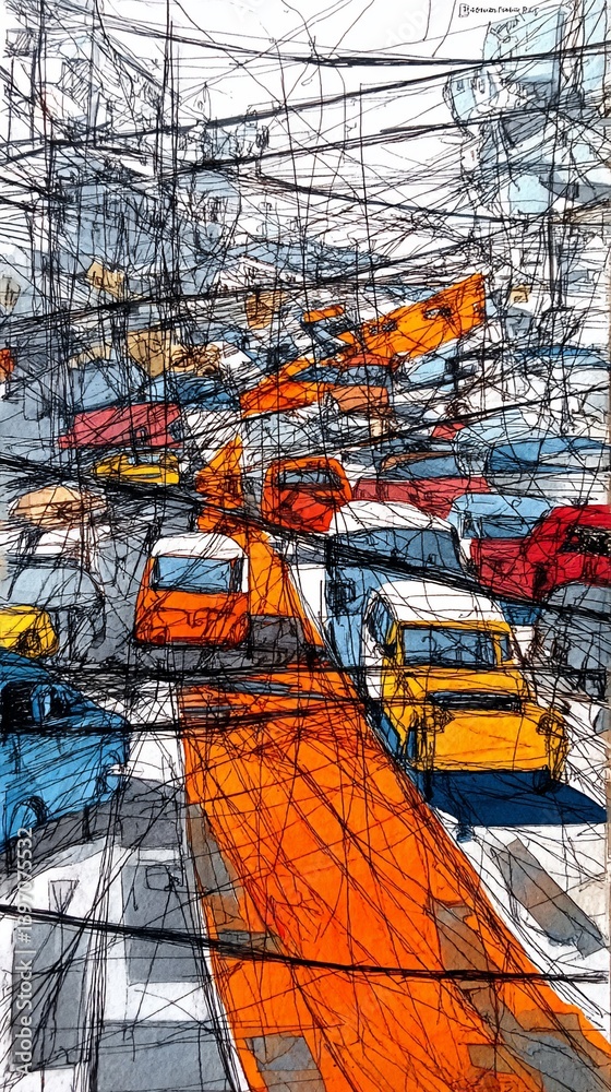 Fototapeta premium Colorful, abstract traffic scene with cars and urban landscape