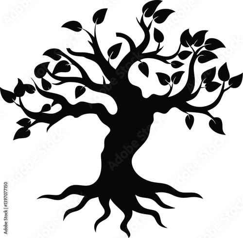 Tree of Life Silhouette – Intricate Curving Branches and Roots in Black and White Illustration