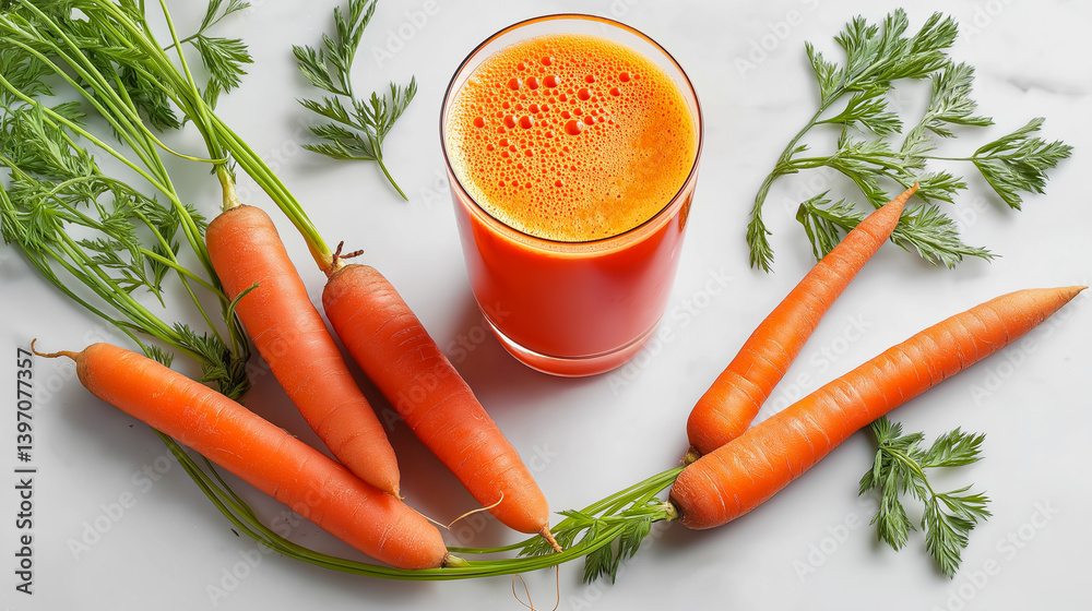 Carrot juice in a glass surrounded by fresh carrots on a white surface Carrot juice in a glass surrounded by fresh carrots on a white surface