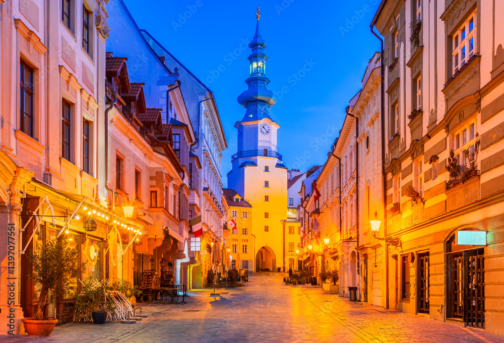 Bratislava, Slovakia. Street in the Old Town leading to Michael Gate tower.