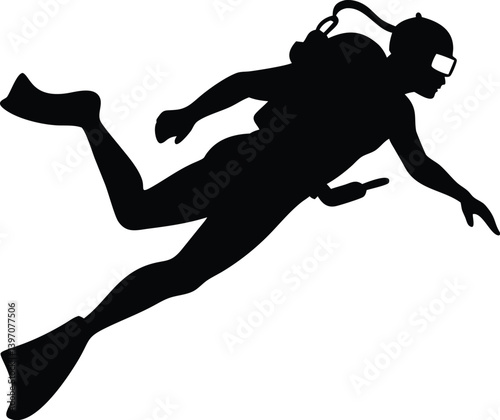Scuba Diver Silhouette – Underwater Exploration in Black and White, Dynamic Diving Pose