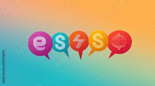 Communication. language. and currency symbols in chat bubbles. illustration