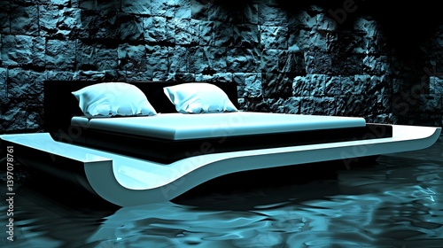 A modern, stylish bed afloat in a water-filled room.