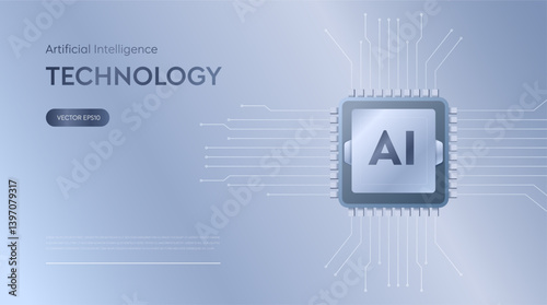 Artificial Intelligence Semiconductor, Ai Chip Innovation Backgrounds, Big Data Technology Network Template Banner. Silver Abstract Electricity Clean Line Networking. Futuristic Vector Illustration