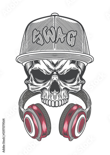 Skull with casual style cap  & retro style earphone 60 - BW