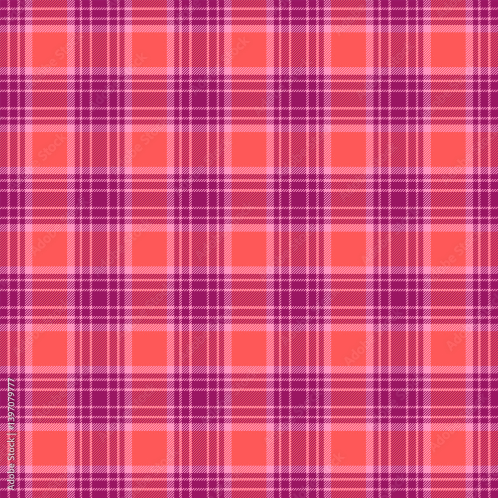 Fototapeta premium Vibrant pink and coral plaid pattern. Versatile background for design, fashion, or graphic projects. Evokes warmth, comfort, and classic style. Use for textiles or digital art.