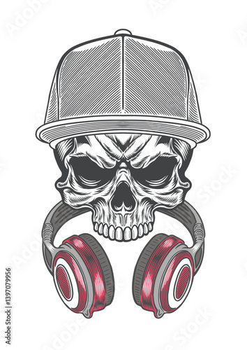 Skull with casual style cap  & retro style earphone 60b - BW