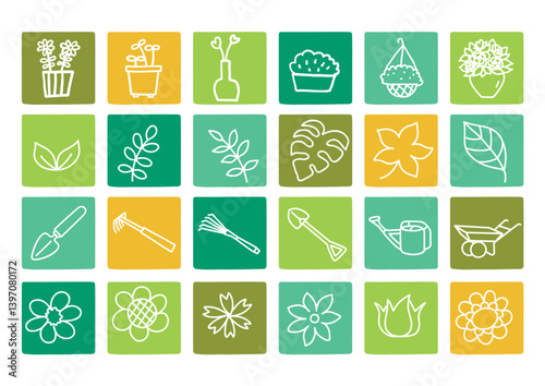 Illustration of horticultural icons such as pots, plants, flowers, farm tools, etc
