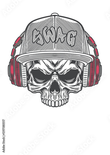 Skull with casual style cap  & retro style headphone 59 - BW