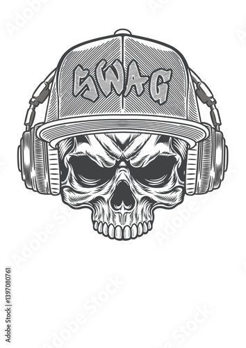 Skull with casual style cap  & retro style headphone 59 - BWb