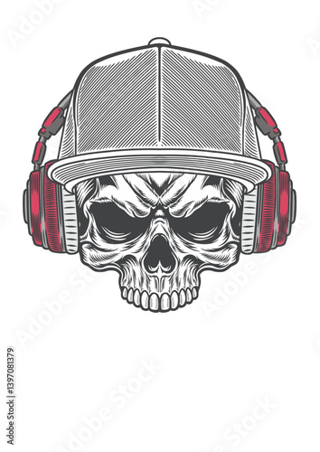 Skull with casual style cap  & retro style headphone 59b - BW