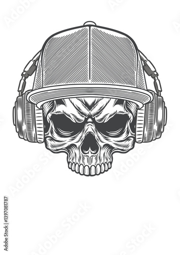 Skull with casual style cap  & retro style headphone 59b - BWb