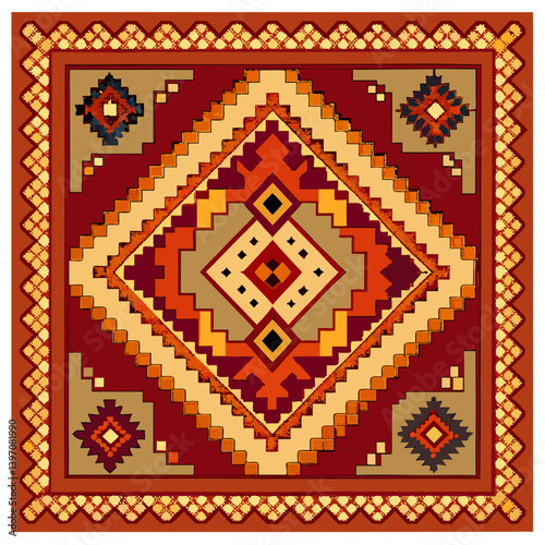 Southwestern style rug featuring a colorful geometric pattern, showcasing intricate designs and vibrant hues.