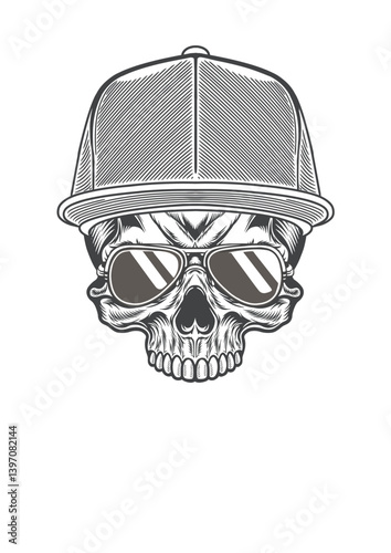 Skull with casual style cap  & retro sunglasses 57b - BW