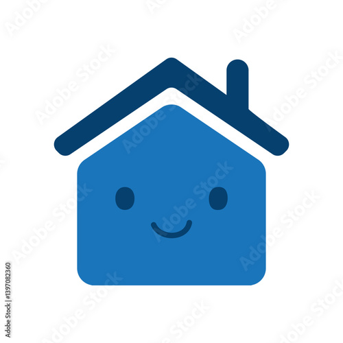 A cute happy house icon clipart with smiling face designed in a simple, flat style. The blue and black color scheme adds a friendly and inviting touch, making it perfect for a logo or graphic element.