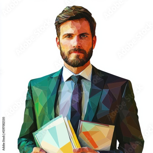 A low poly styled portrait of a serious investment banker holding financial documents, showcasing a modern and sophisticated business professional in a green suit.