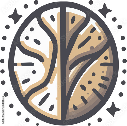 Stylized Emblem Showcases A Sphere Divided With Contrasting Textures And Speckled Elements Around