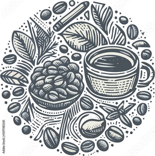 Monochromatic Coffee Themed Illustration Showcases A Warm Cup Beans And Decorative Foliage