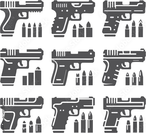 Assortment Of Pistol Weapon Designs And Ammunition Arranged Demonstrating Diverse Styles And