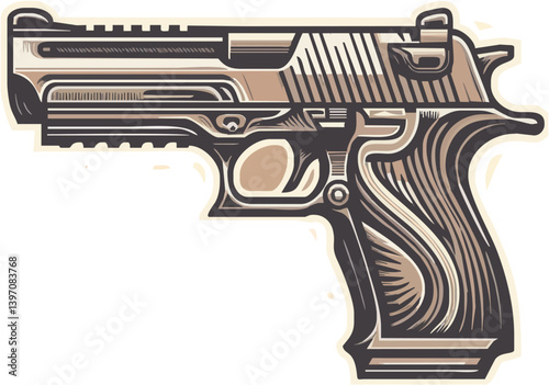 Detailed Vector Illustration Of A Metallic Toned Handgun With Intricately Carved Wood Grip Design