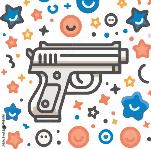 Stylized Silver Handgun Illustration Surrounded By Colorful Stars And Circular Smiley Faces Art