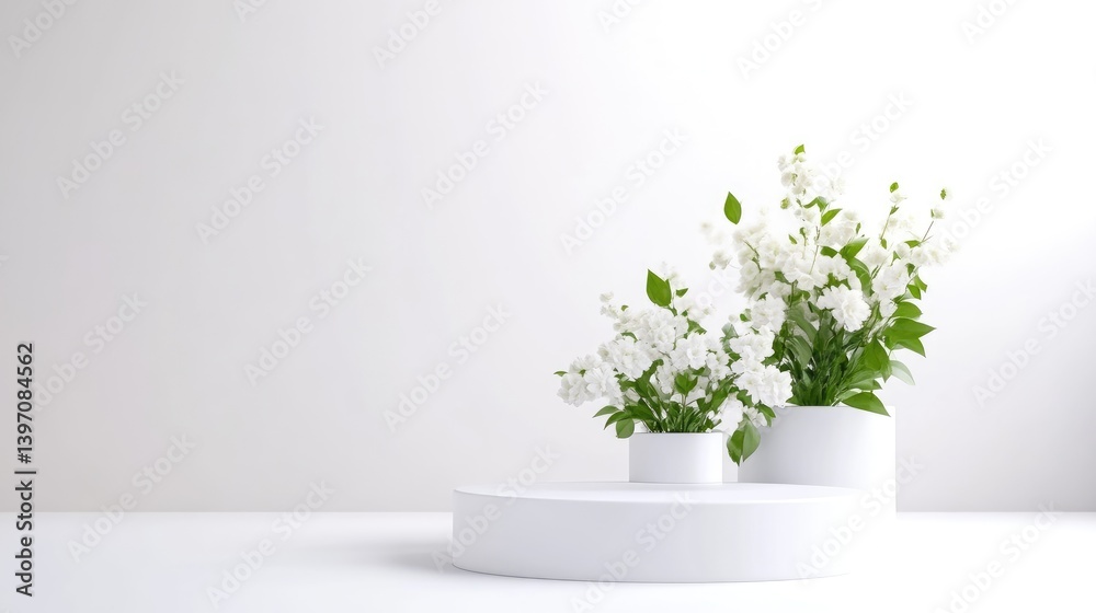 Minimalist white display podium with white flowers Minimalist white display podium with white flowers