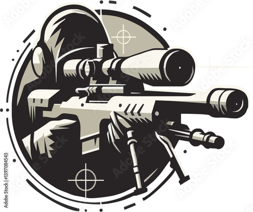 Stylized Monochrome Illustration Of A Focused Sniper Aiming Weapon With Scope Inside Dark Circle