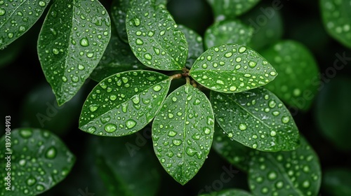Dewy green leaves close-up.  Fresh vibrant foliage.  Nature's beauty