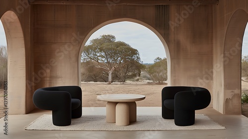 A modern outdoor lounge area with sweeping views.