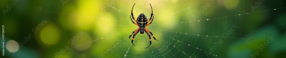 Intricate silhouette of cross spider on web overlaid with blurry nature background, double exposure, nature Intricate silhouette of cross spider on web overlaid with blurry nature background, double exposure, nature