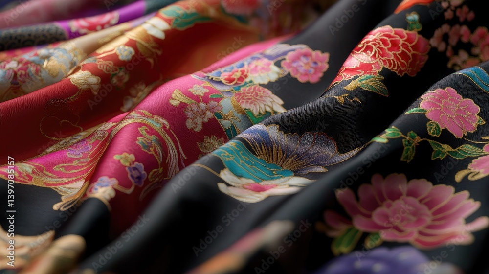 Colorful Floral Pattern on Luxurious Silk Fabric with Elegant Texture