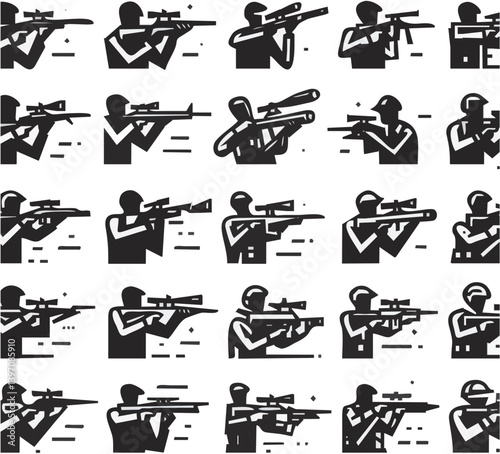 Silhouette Figures Hold And Aim Various Rifles In A Vector Art Style With Military Themes Depicted